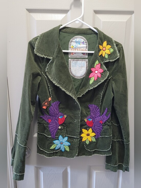 Joystick Jackets & Blazers - JoyStick Johnny Was Olive Green Corduroy Blazer Embroidered Birds Flowers Boho L